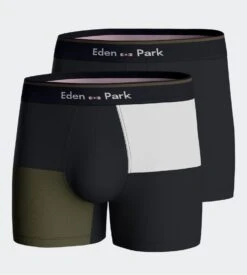 Eden Park Lot de 2 Boxers Marine et Kaki – Imprimé Carreaux et Uni en Coton Stretch