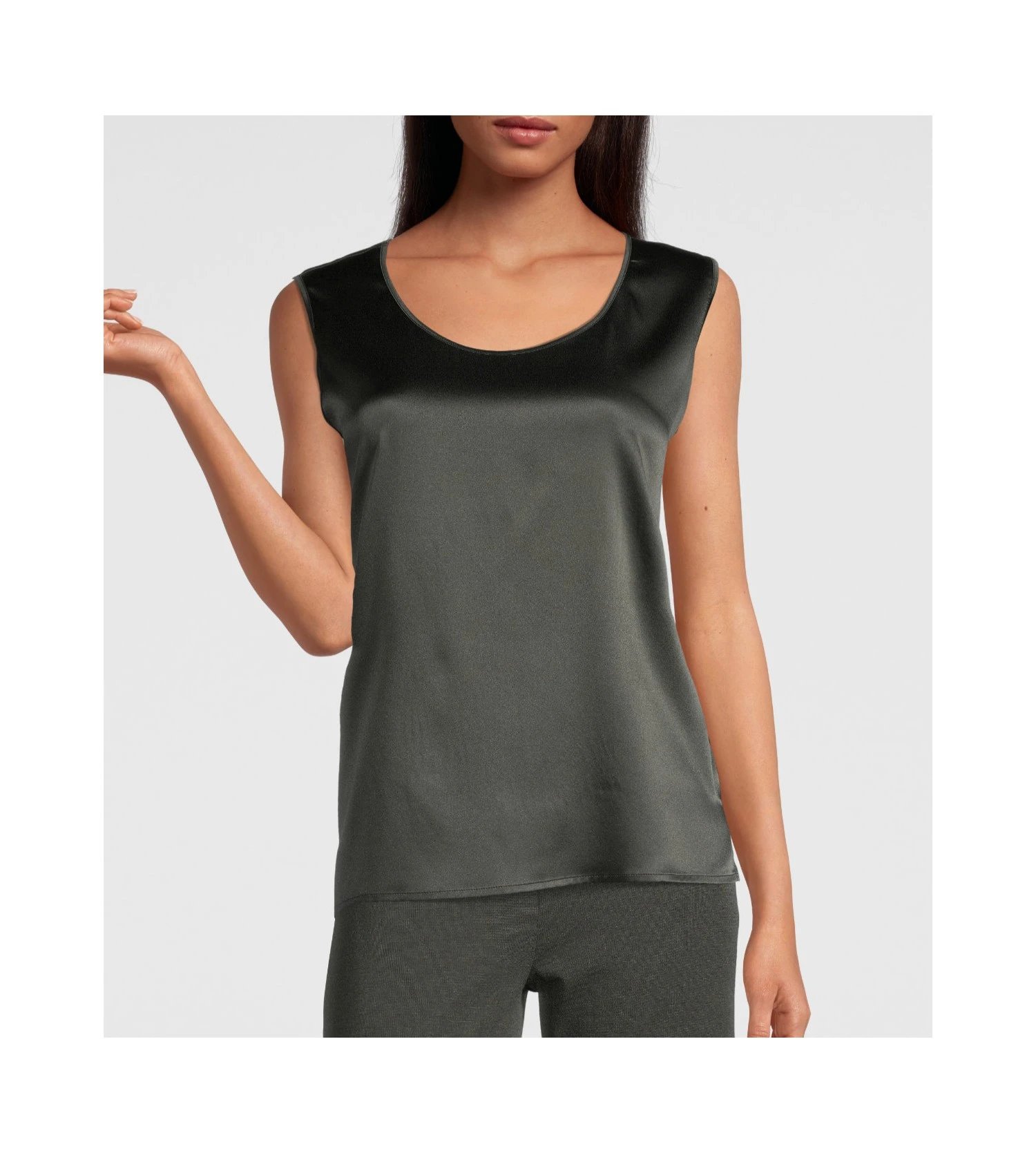 Caraco Oscalito Bosco en Satin de Soie Stretch - Top de Luxe Sans Manches Vert Forêt 3 Caraco Oscalito Bosco en Satin de Soie Stretch - Top de Luxe Sans Manches Vert Forêt