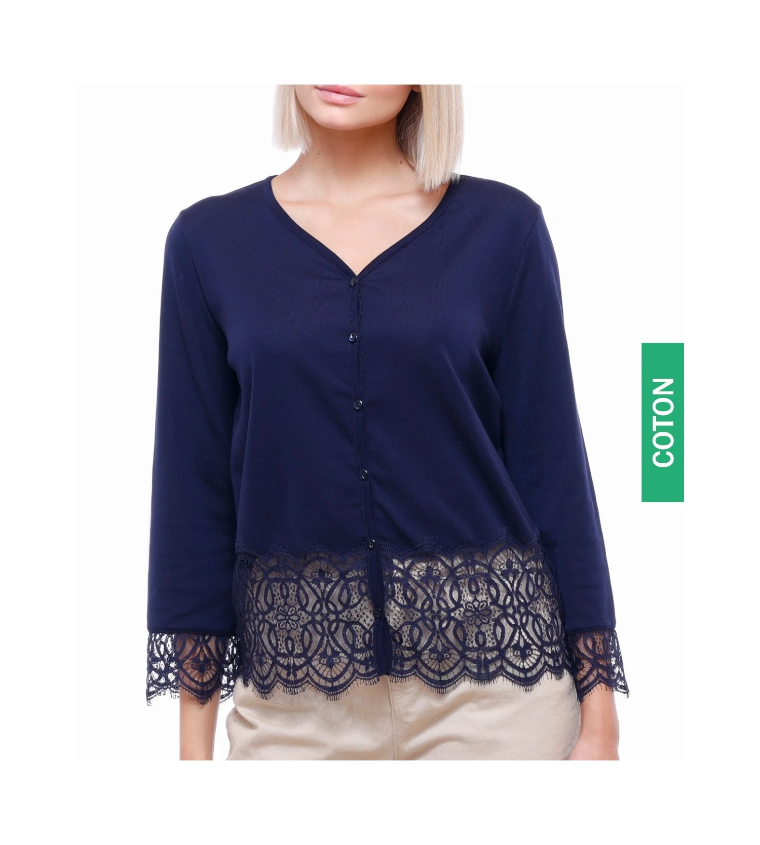 Oscalito Cardigan Bleu en Fil d'Écosse et Dentelle de Calais Chantilly - Gilet Luxe Femme 4 Oscalito Cardigan Bleu en Fil d'Écosse et Dentelle de Calais Chantilly - Gilet Luxe Femme – Image 2