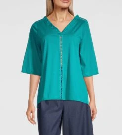 Oscalito Turquoise Cotton Jersey Macramé Shirt – Elegant V-Neck Italian Daywear -Lingerie Sipp chemise en coton jersey macrame turquoise 2