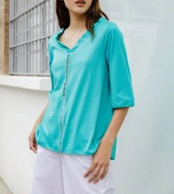 Chemise En Coton Jersey Macramé Turquoise