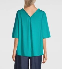 Oscalito Turquoise Cotton Jersey Macramé Shirt – Elegant V-Neck Italian Daywear -Lingerie Sipp chemise en coton jersey macrame turquoise 3