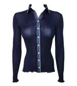 Chemisier En Coton Fil D'Ecosse Plissé Bleu Marine