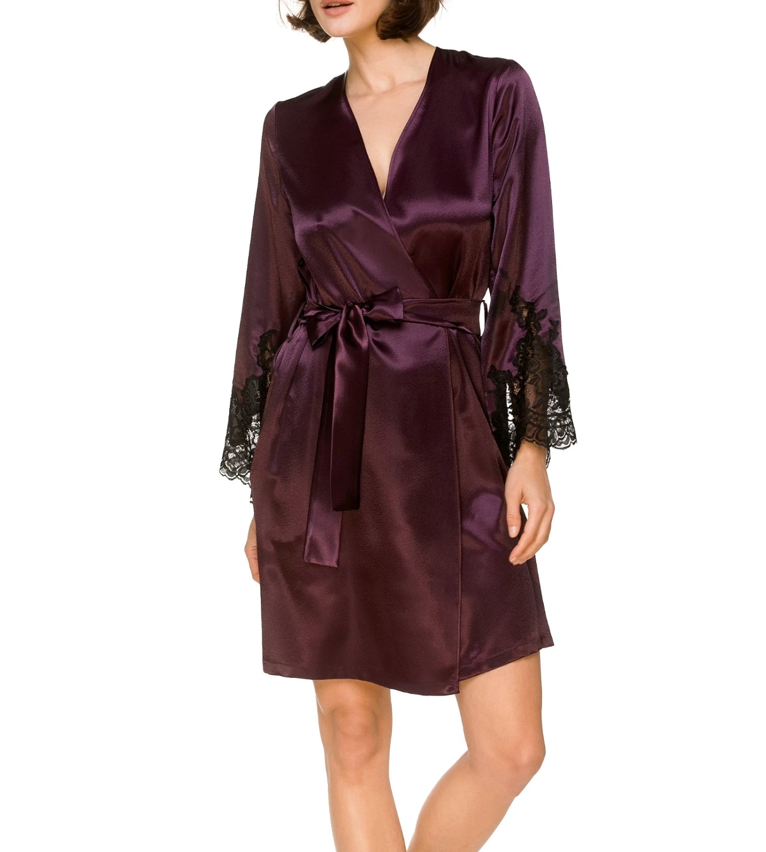 Coemi Damson & Black Bicolore – Dentelle Fine et Satin – Déshabillé Longue Manche 98cm 3 Coemi Damson & Black Bicolore – Dentelle Fine et Satin – Déshabillé Longue Manche 98cm