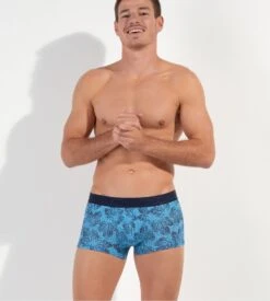 Hom Shorty Boxer DOURO Blue Leaf & Houndstooth Print – Soft Cotton Modal Men's Underwear -Lingerie Sipp douro boxer trunk p0bi blue print bleu 3