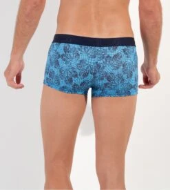 Hom Shorty Boxer DOURO Blue Leaf & Houndstooth Print – Soft Cotton Modal Men's Underwear -Lingerie Sipp douro boxer trunk p0bi blue print bleu 5