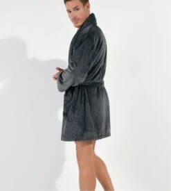 Hom EVEREST Grey Chevron Fleece Kimono Bathrobe – Short Soft Pilou Robe -Lingerie Sipp everest veste col chale pilou 00zu grey 3