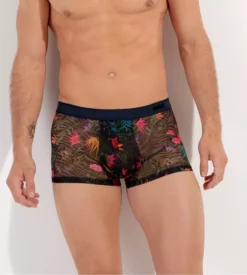 Hom Boxer Exotica Noir en Dentelle et Tulle Graphique – Sous-vêtement Homme Transparent Imprimé Floral