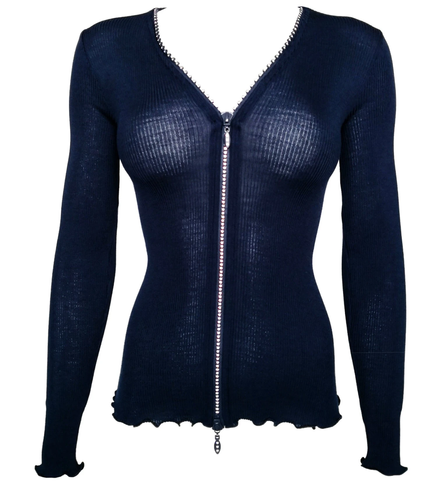 Oscalito Gilet en Laine et Soie Bleu Marine – Cardigan à Zip Strassé et Maille Côtelée 3 Oscalito Gilet en Laine et Soie Bleu Marine – Cardigan à Zip Strassé et Maille Côtelée
