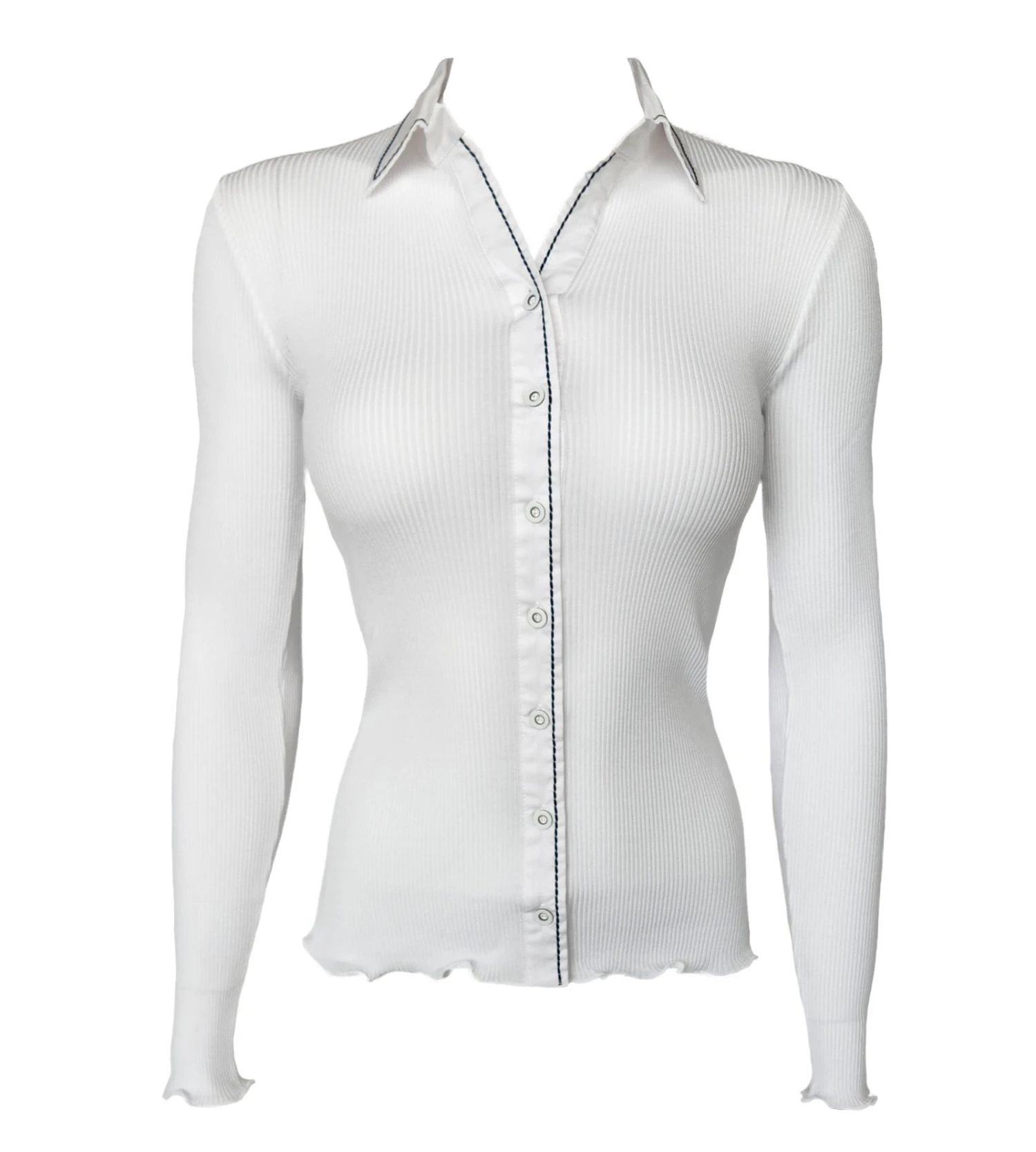 Chemisier Oscalito en Coton Fil d'Écosse Plissé Blanc et Marine – Haut Côtelé de Luxe 4 Chemisier Oscalito en Coton Fil d'Écosse Plissé Blanc et Marine – Haut Côtelé de Luxe – Image 2