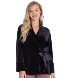 Impetus - Veste de Pyjama Femme en Velours Marine Pétrol – Peignoir Court avec Ceinture Satin -Lingerie Sipp impetus femme veste d interieur velours marine petrol 1