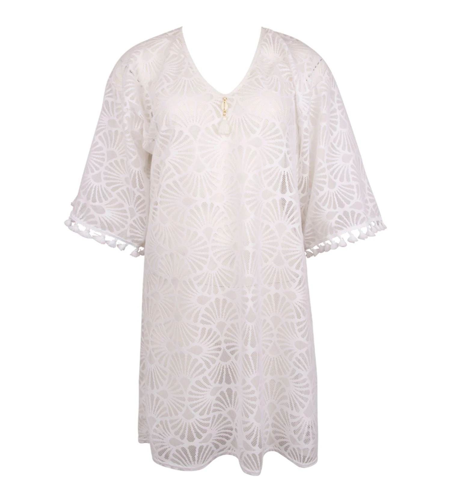 Antigel La Muse Dentelle Blanc – Tunique de Plage en Dentelle Coquillage avec Pompons 4 Antigel La Muse Dentelle Blanc – Tunique de Plage en Dentelle Coquillage avec Pompons – Image 2