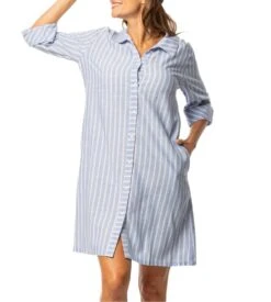 Liquette Boutonnée Egatex à Rayures Bleues – Chemise de Nuit en Viscose Manches 3/4 -Lingerie Sipp liquette boutonnee raye bleu ciel 2