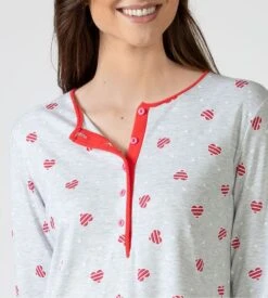 Massana - Liquette Grise en Pilou Chaud - Imprimé Cœurs Rayés Rouges - Manches Longues -Lingerie Sipp liquette grise avec coeurs rouges 2