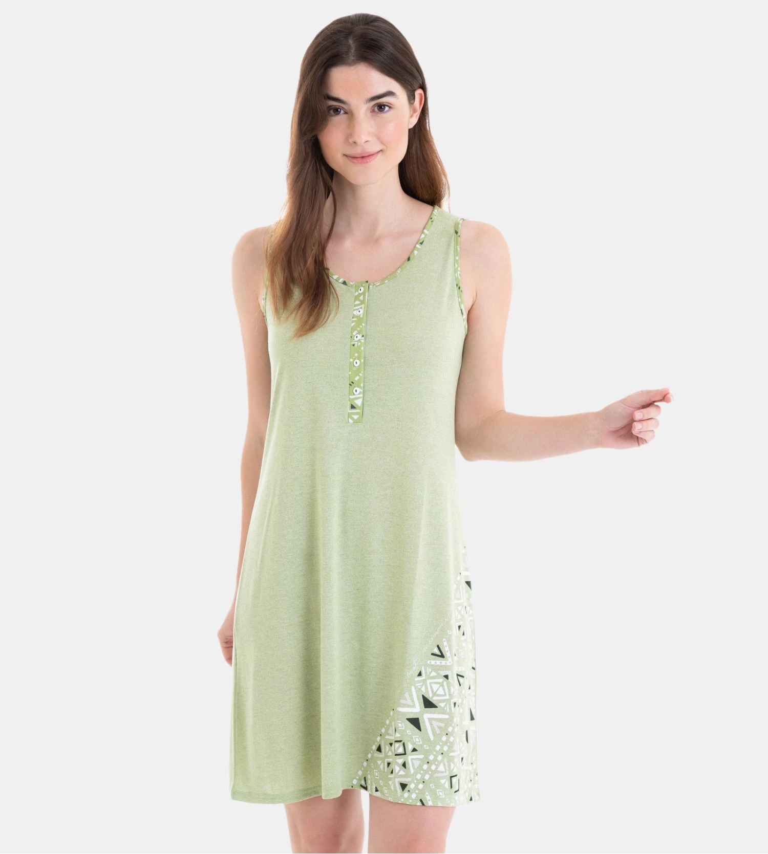 Massana Liquette Vert Pistache avec Imprimé – Chemise de Nuit Sans Manches Boutonnée 7 Massana Liquette Vert Pistache avec Imprimé – Chemise de Nuit Sans Manches Boutonnée – Image 5