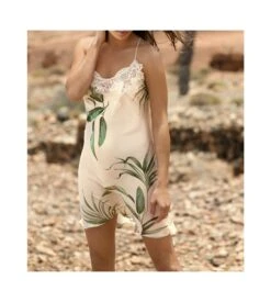 Coemi Nuisette en Satin Motif Feuillage Palmera et Dentelle – Lingerie de Nuit Sexy