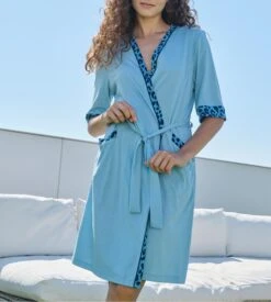 Massana Peignoir Femme Bleu Huile avec Bordures Imprimé Animal – Robe de Chambre d'Été Manches 3/4