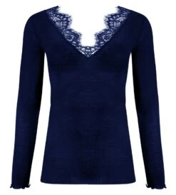 Lise Charmel Plaisir Caresse Pierre Bleue – Top Manches Longues Laine & Soie avec Dentelle de Luxe -Lingerie Sipp plaisir caresse t shirt ml laine et soie 5066 pierre bleue 1
