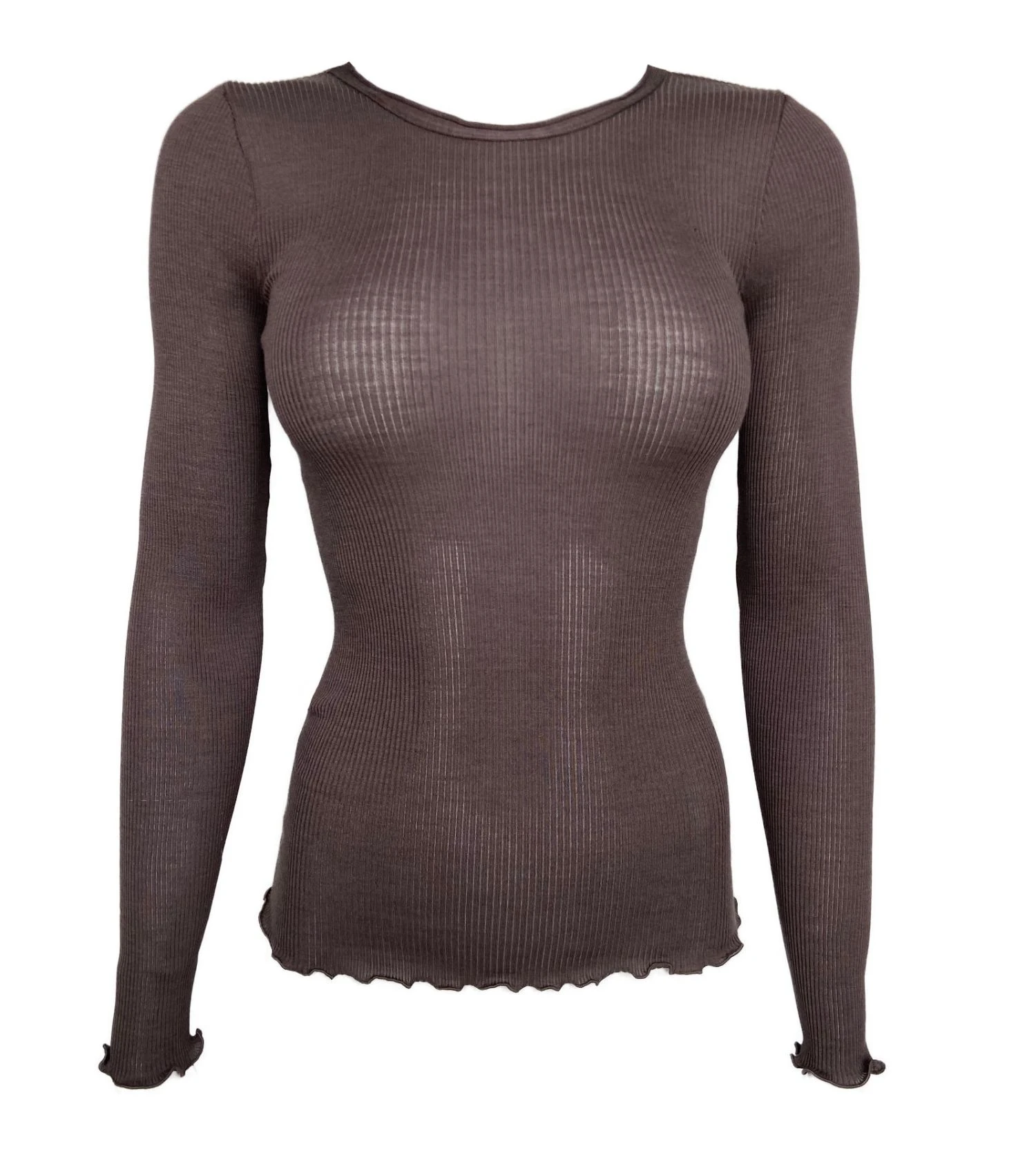 Pull Oscalito Taupe en Laine et Soie à Fils Argentés – Top Col Rond en Maille Côtelée 4 Pull Oscalito Taupe en Laine et Soie à Fils Argentés – Top Col Rond en Maille Côtelée – Image 2