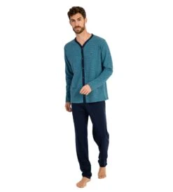 Massana Pyjama Long Boutonné Homme Bleu Chiné – Ensemble de Nuit Classique en Maille Douce -Lingerie Sipp pyj h long ent bout x52 bleu chine bleu 2