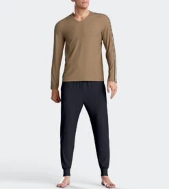 Eden Park Pyjama Homme Long Noisette – Ensemble Coton Col V avec Pantalon Resserré -Lingerie Sipp pyj v ml ressere bn012 noisette 5