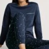Calida Pyjama Bords élastiques Bleu Imprimé étoiles Sweet Dreams Peacot Blue -Lingerie Sipp pyjama bords resseres bleu coton peacoat blue