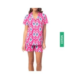 Pyjama Court Boutonné Col Tailleur Rose