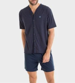 Pyjama Court Boutonné Bleu Chine