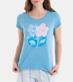 Massana Pyjama Court Femme Bleu Ciel - Ensemble Coton Viscose à Imprimé Fleuri et Short Graphique -Lingerie Sipp pyjama court femme bleu ciel 2