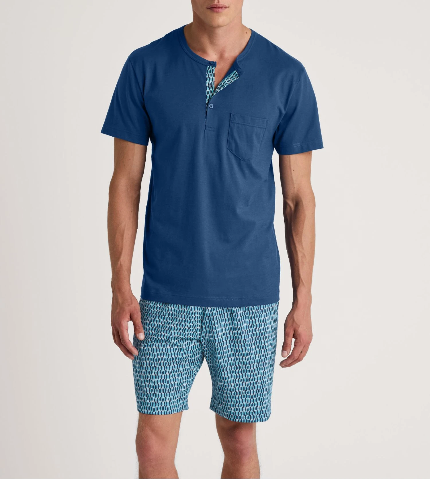 Calida Pottery Blue Relax Imprint 1 – Men's Short Cotton Pajamas with Printed Shorts 3 Calida Pottery Blue Relax Imprint 1 – Men's Short Cotton Pajamas with Printed Shorts