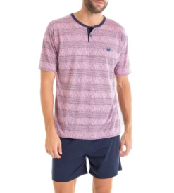 Pyjama Court Homme Col Tunisien Rose