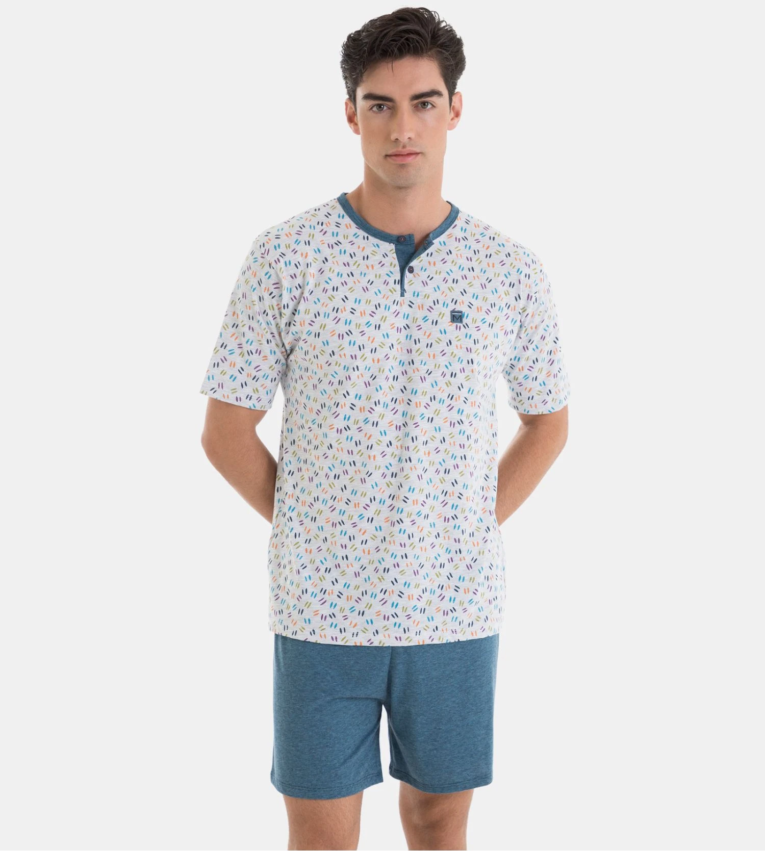 Pyjama Court Homme Gris Chiné/Bleu 7 Pyjama Court Homme Gris Chiné/Bleu – Image 5