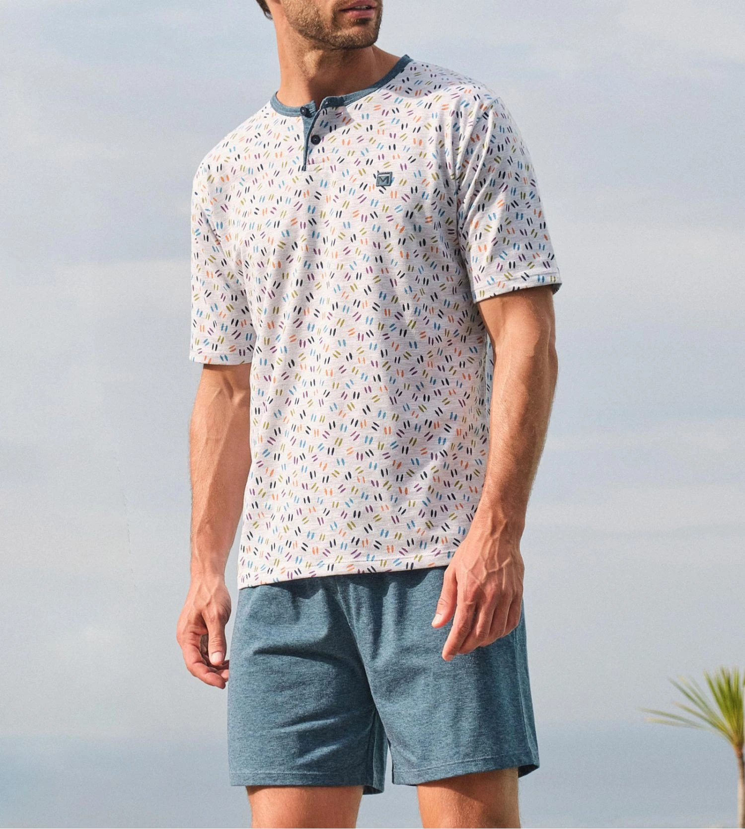 Pyjama Court Homme Gris Chiné/Bleu 3 Pyjama Court Homme Gris Chiné/Bleu