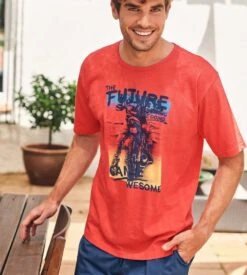 Pyjama Court Massana Homme Corail Foncé - T-Shirt Imprimé et Short 100% Coton -Lingerie Sipp pyjama court imprime homme y32 corail fonce 2