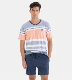 Pyjama Court Homme Massana à Rayures Bleu - Ensemble T-shirt Col V et Short en Coton -Lingerie Sipp pyjama court raye bleu 3