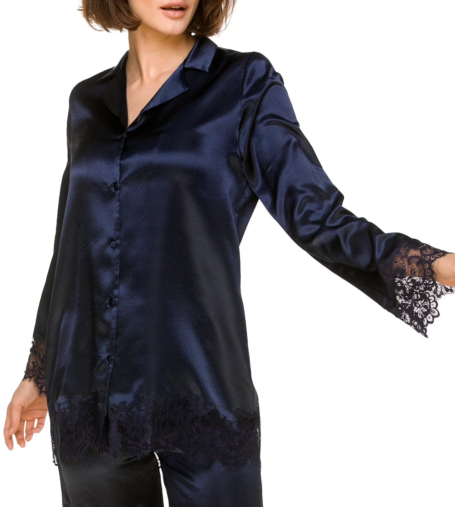 Pyjama Coemi Dark Navy en Satin et Dentelle - Ensemble Chemise Boutonnée et Pantalon Droit 3 Pyjama Coemi Dark Navy en Satin et Dentelle - Ensemble Chemise Boutonnée et Pantalon Droit