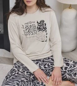 Pyjama Femme En Viscose Beige Avec Imprimé Graphique Noir