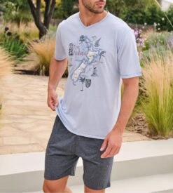 Pyjama Court Homme Bleu Clair/Gris