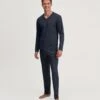 Calida Pyjama Foncé Homme Col En V 100% Coton Avec Pantalon Imprimé Relax Streamline Saphir Blue