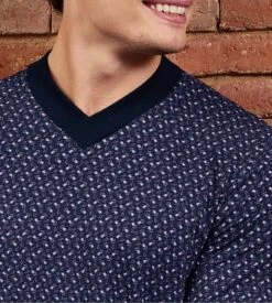 Pyjama Long Eden Park Marine à Motif Floral – Ensemble Homme Coton avec Col V -Lingerie Sipp pyjama homme interlock nb039 marine eden park 2