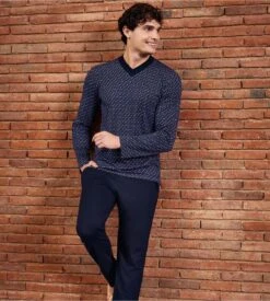 Pyjama Long Eden Park Marine à Motif Floral – Ensemble Homme Coton avec Col V -Lingerie Sipp pyjama homme interlock nb039 marine eden park 3