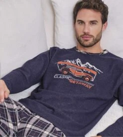 Pyjama Polaire Bleu Marine Pantalon à Carreaux Et Imprimé Voiture