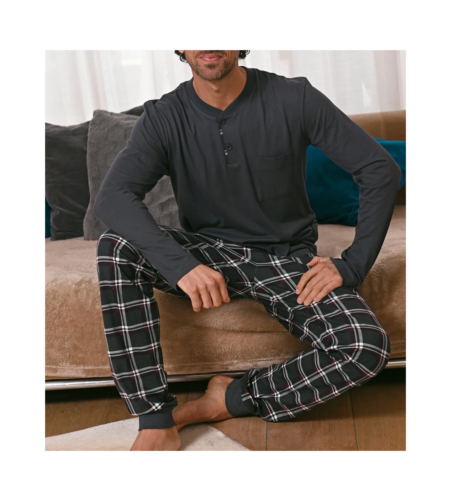 Ringella Pyjama Long Col Tunisien Asphalt – Pantalon à Carreaux en Coton Interlock 3 Ringella Pyjama Long Col Tunisien Asphalt – Pantalon à Carreaux en Coton Interlock