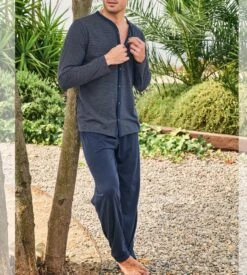 Pyjama Long Homme Boutonné Bleu Chine