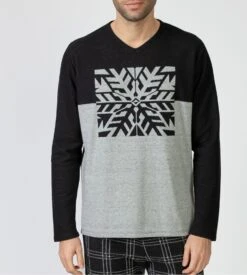 Pyjama Polaire Noir Pantalon à Carreaux Et Haut Imprimé Flocon De Neige -Lingerie Sipp pyjama polaire noir pour homme 2