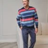 Pyjama Homme En Velours Doux Bleu Avec Haut à Rayures Colorées 2 Pyjama Homme En Velours Doux Bleu Avec Haut à Rayures Colorées -Lingerie Sipp pyjama resserre velours homme bleu