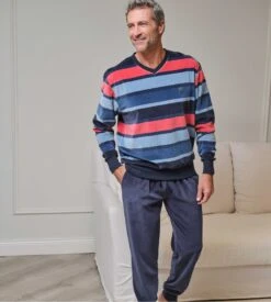 Pyjama Homme En Velours Doux Bleu Avec Haut à Rayures Colorées
