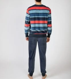 Massana Pyjama Homme en Velours Bleu à Rayures Colorées – Ensemble de Nuit Hiver avec Pantalon Gris -Lingerie Sipp pyjama resserre velours homme bleu 4