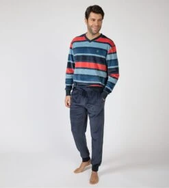 Massana Pyjama Homme en Velours Bleu à Rayures Colorées – Ensemble de Nuit Hiver avec Pantalon Gris -Lingerie Sipp pyjama resserre velours homme bleu 5