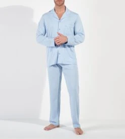 HOM Rafael Light Blue Long Pajama Set - Elegant Cotton & Modal Button-Down Sleepwear -Lingerie Sipp rafael pyj entbout uni 3596 light blue 3